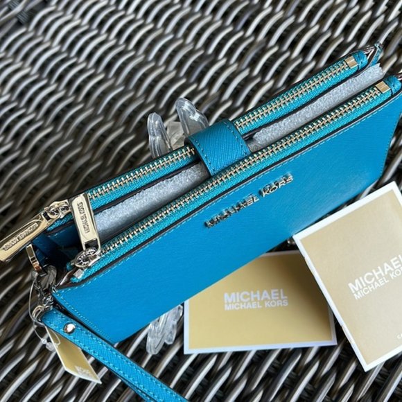 Michael Kors Large Double Zip Leather Wallet Wristlet Phone Case Lagoon - Picture 2 of 16